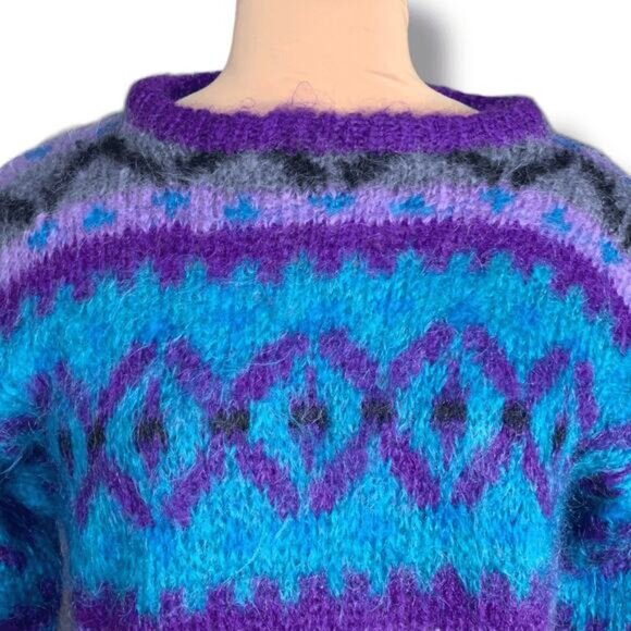 Vintage 90s Icelandic Design Mohair Wool Fair Isle Sweater Purple Blue Medium - Picture 4 of 9